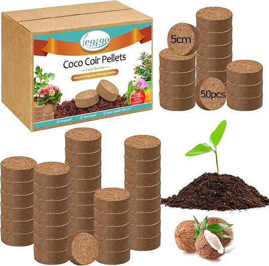 Legigo 50 Pcs 50mm Coco Coir Pellets Seed Starter Soil Mix- Organic Coconut Coir Potting Soil Pods for Seedling, Coco Peat Soil Discs for Indoor & Outdoor Plants Bonsai Herbs Vegetables and Flowers