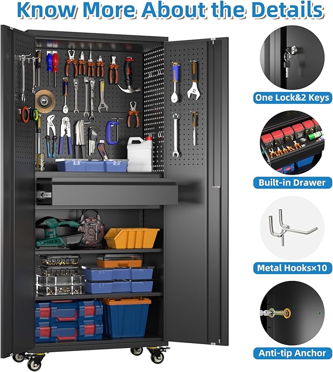 71" H*15" D*30" W Garage Storage Cabinet with Wheels and Doors,Lockable Metal Storage Cabinet with Pegboard Hooks and Drawer for Garage Warehouse Home,Required Assembly,Black