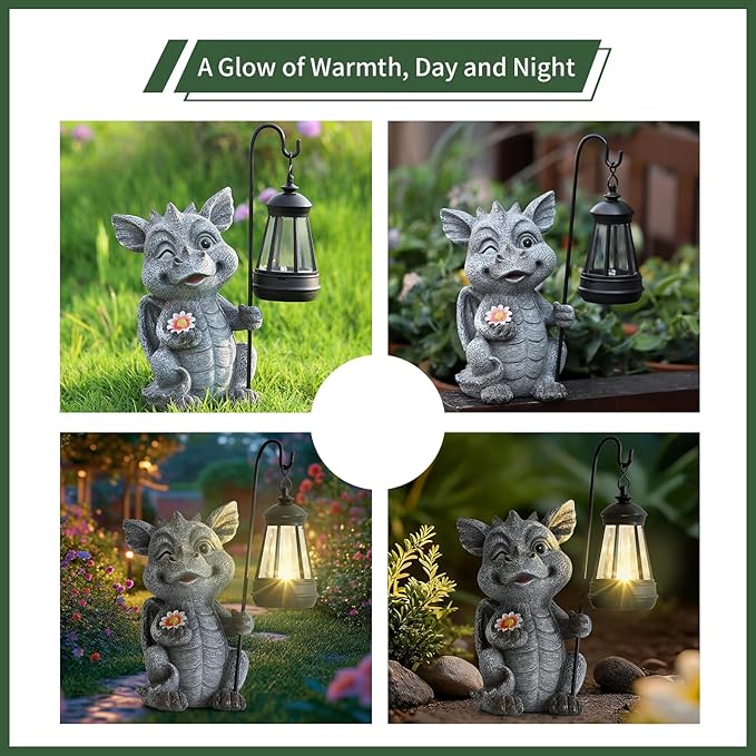 Garden Figurines Dragon Statue Decorations - Solar ResinDragon with Solar Garden Lights Outdoor Decorations for Patio,Yard,Lawn,