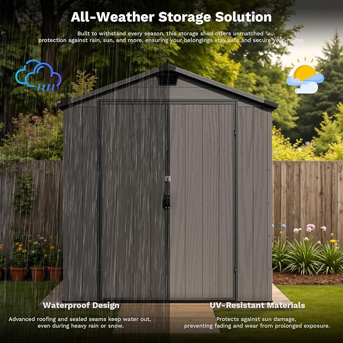 Patiowell 6x10FT Outdoor Storage Shed with Floor, Plastic Resin Garden Shed with Lockable Door, Windows, Weather-Resistant for Lawn Mower, Tool & Backyard Storage (Dark Grey)