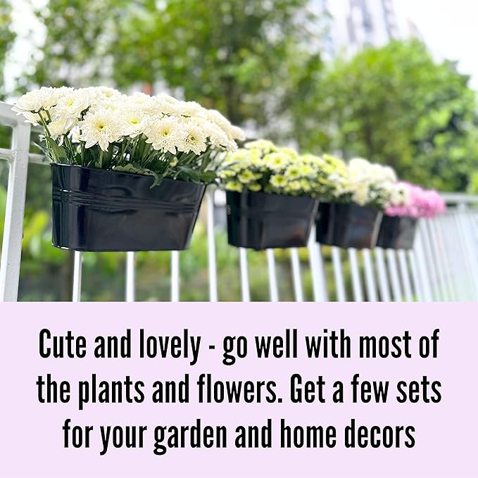LaLaGreen Outdoor Rail Planter for Balcony (4 Pack, 9.8 Inch) Small and Cute Black Metal Iron Fence Hanging Flower Pots Deck Railings Buckets Boho Style Window Box Plant Holder Hooks Porch Decor