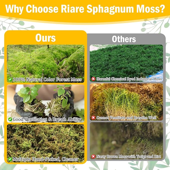 Riare 1.3LBS Premium Sphagnum Moss for Plants- 25QT Natural Dried Plant Moss for Potted Plants, Orchid Moss for Repotting, Soft Green Decorative Moss for Succulents, Reptiles & DIY Crafts