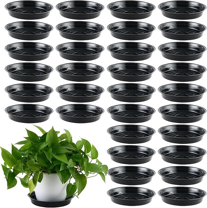 30 Packs 6 Inches Small Plant Saucers for Indoor Outdoor Use Heavy Duty Plastic Plant Plate Dish for Planter Bulk Round Flower Pot Drip Trays to Catch Water 4 to 20 Inch, Black