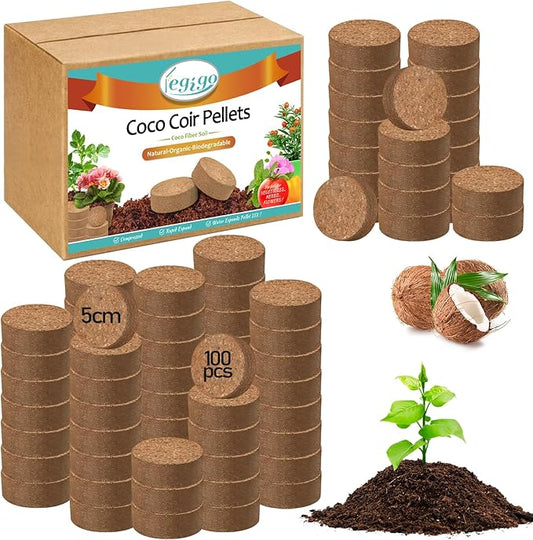 Legigo 100 Pcs 50mm Coco Coir Pellets Seed Starter Soil Mix- Organic Coconut Coir Potting Soil Pods for Seedling, Coco Peat Soil Discs for Indoor & Outdoor Plants Bonsai Herbs Vegetables and Flowers