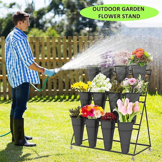 FPIGSHS Flower Display Stand, 3 Layers, Black, Metal, Iron, 150 lbs Capacity, 3 Tier, Wheels, Assembly Required