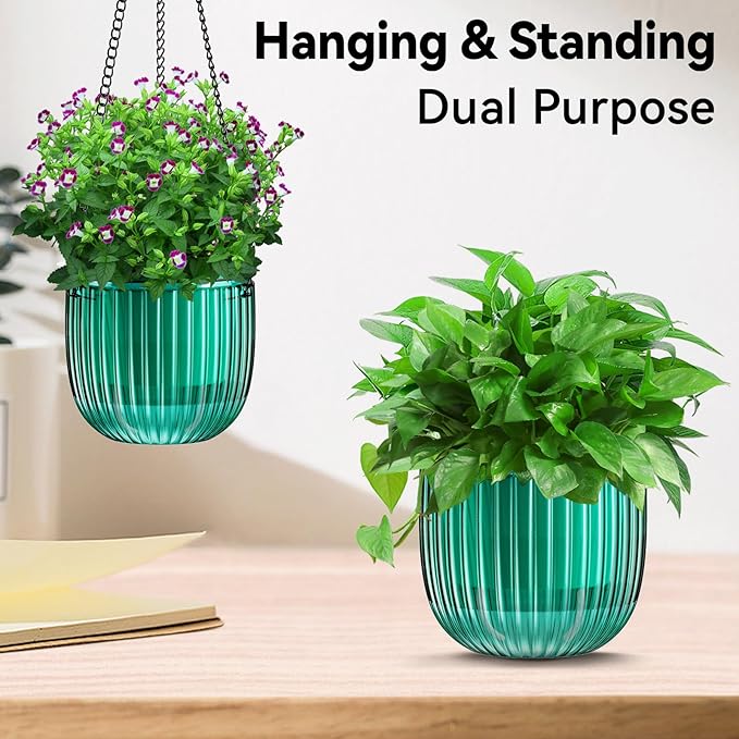 ZeeDix 3 Pack-6.5 Inch Hanging Planters for Indoor Plants, Self Watering Hanging Plant Pots with 3 Hooks and Drainage for Home, Wall, Window Decor Outdoor Use (Green, 6.5 inch)