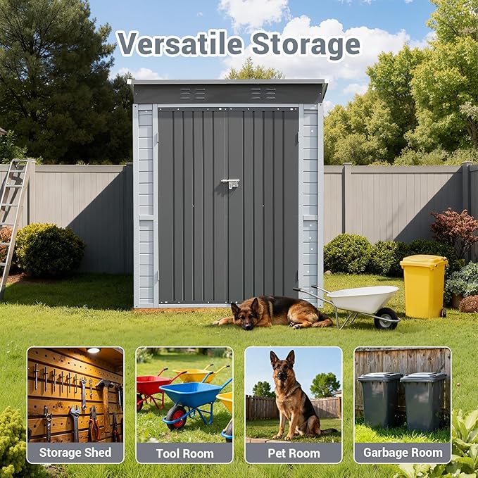 3x5ft Solid Wood & Steel Outdoor Storage Shed with Lockable Double Doors & Ventilation Windows for Garden, Lawn, Patio