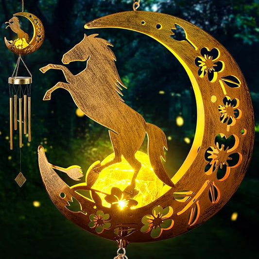 Moon Horsebird Wind Chime Outdoor, Handcrafted Metal Garden Wind Chimes with Horse & Bird Charms, Melodic Wind Bells for Patio Porch Decor, Weatherproof Gift for Equestrian & Nature Lovers