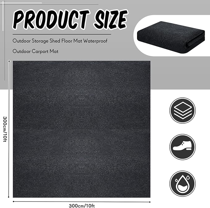 Haull Waterproof Outdoor Storage Shed Mat, 10x10 ft, Felt Surface, Non Slip Backing, Washable, Storage Shed Not Included