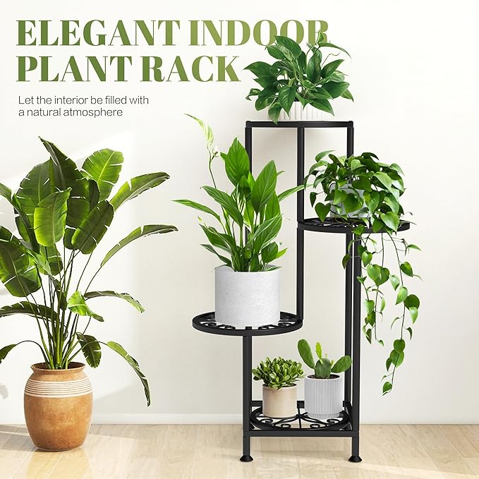 4 Tier Plant Stand Indoor Outdoor, Metal Flower Shelf Display Holder, Multiple Plants Corner Tall Flower Holders for Patio Balcony Porch Garden Living Room (Black)