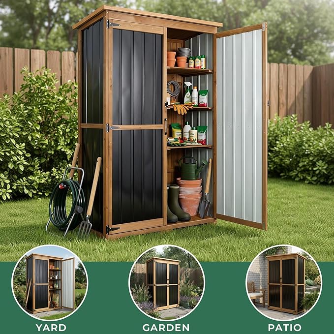 Outdoor Storage Shed with Adjustable Shelf, Wood & Metal Storage Cabinet Waterproof with Lockable Doors & Sloping Roof,Vertical Garden Shed for Patio Backyard, Tool Shed and Accessories, Brown