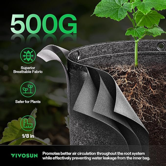 VIVOSUN 5-Pack 10 Gallon Grow Bags, 500G Thick Nonwoven Fabric Pots with Strap Handles, Multi-Purpose Rings, for Low Stress Plant Training Fruits, Vegetables, and Flowers