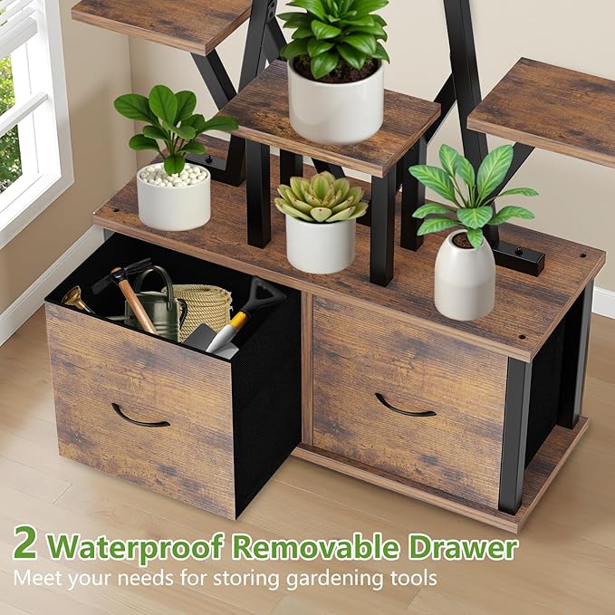 Plant Stand Indoor with Grow Lights - 10 Tiered Plant Shelf with 2 Removable Drawers, 65" Tall Plant Shelf with Grow Light Holds 13 Pot Plants, Christmas Tree Shaped Plant Stand for Home, Living Room