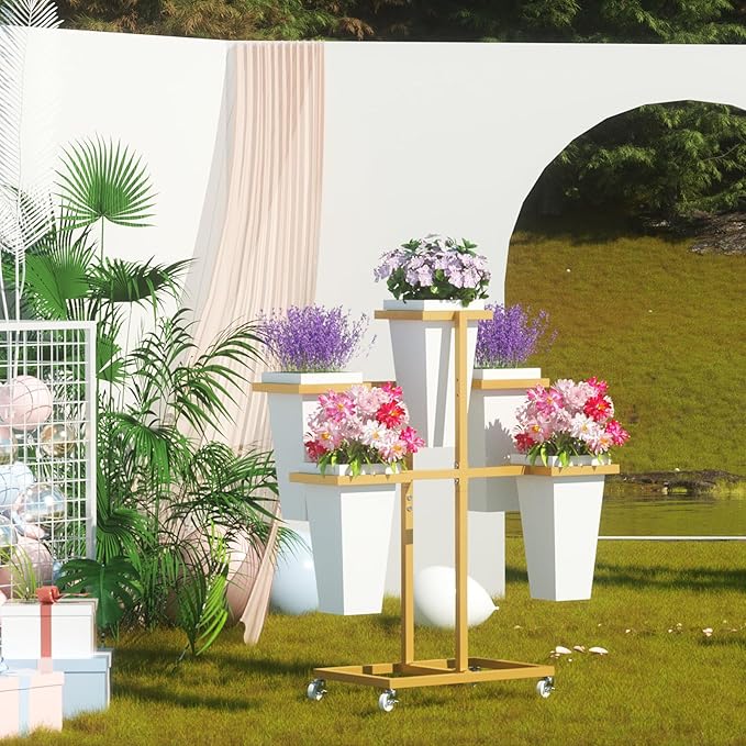 Flower bar Stand with Buckets, Moving Flower display stand with Wheels, Metal Flower cart for Bridal Shower, Wedding, Party, Garden, Gold
