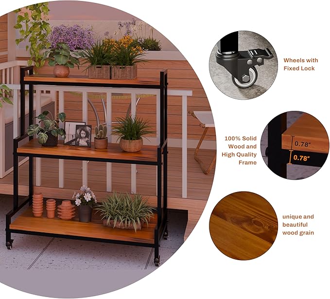 Plant Stand Indoor with Wheels 37” H, Rolling Plant Shelf Rack Outdoor,Metal Plant Stand with Solid Wood for Multiple Plants,Industrial Ladder Plant Flower Shelf for Garden,Living Room,Teak