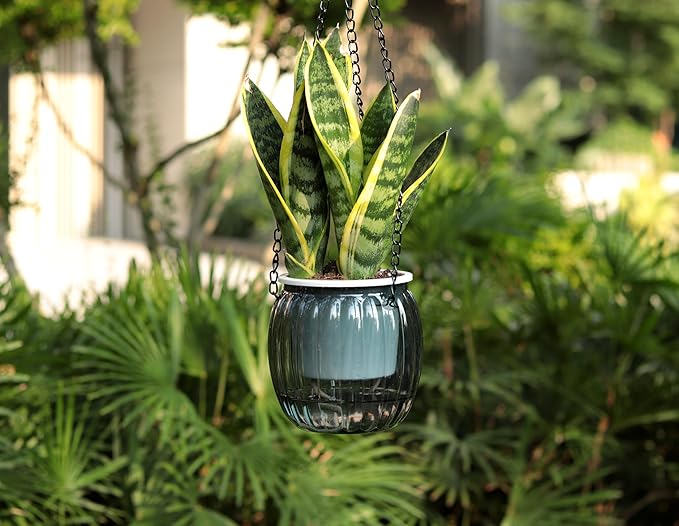 Meicynhoger 4-Pack Plastic Self-Watering Hanging Planters for Snake Plant,Succulents,African Violets - 4.3" Clear Flower Pot with Hooks for Indoor Outdoor,Table, Balcony,Deck,Garden Gray