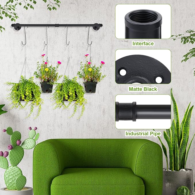 Yoiemivy Hanging Planter Bars with 4 Hooks Hanging Planters for Indoor Plant Wall Mount Planter Hanger Rod Black Window Plant Hanger Shelf Holder for Window Wall Ceiling Herb Garden (Black)