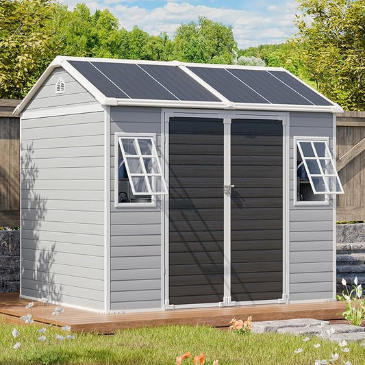 Resin Storage Sheds 8x6 FT with Floor and Adjustable Openable Windows, Large Waterproof Garden Sheds with Base, Outside Plastic Sheds with 2 Windows for Backyard Garden Patio Lawn Tools Storage, Gray