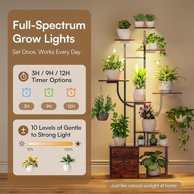 cebihy 9 Tiered 59'' Plant Stand Indoor with Grow Light 3 Color Modes, Plant Shelf with Drawer, 10 Brightness Levels, Timer, Wide Base, Corner Plant Stands for Living Room, Balcony (Tall 59'')
