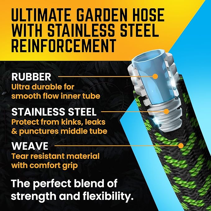 PowerFlow Garden Hose, NON-EXPANDABLE 100ft Premium Quality Stainless Steel Metal Water Hose with Durable Fabric Skin, Hose For Commercial, Residential Use, Bonus 10-way Spray Nozzle (100 Ft, Green)
