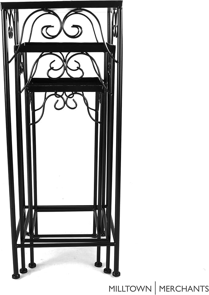 Milltown Merchants™ Plant Stands - Set of 3 Metal Plant Stands - Indoor/Outdoor Nesting Wrought Iron End Tables - Square Black Flower Stands