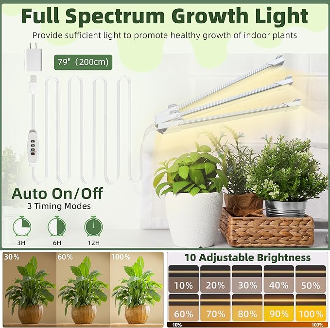 YOLENY Indoor Plant Stand with Grow Lights, Tall Corner Shelf for Multiple Plants, 47" Metal Rack with Hanging Hook for Living Room, Balcony, Patio