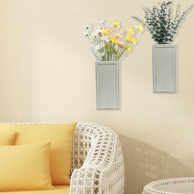 Wood Wall Planter Set of 2, Farmhouse Wall Hanging Decor Pocket Planter for Greenery and Dried Flowers, Rustic Indoor Wood Hanging Vase (White)