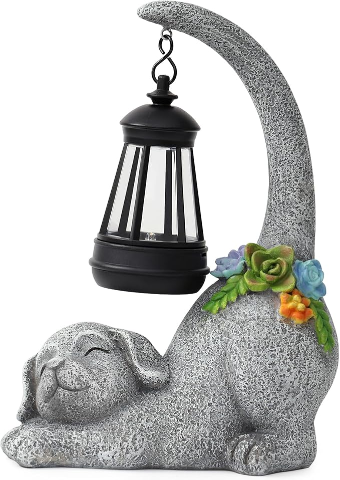 Garden Cute Dog Gnome Statue Decorations - Solar Resin Dog with Solar Garden Lights Outdoor Decorations for Patio,Yard,Lawn,