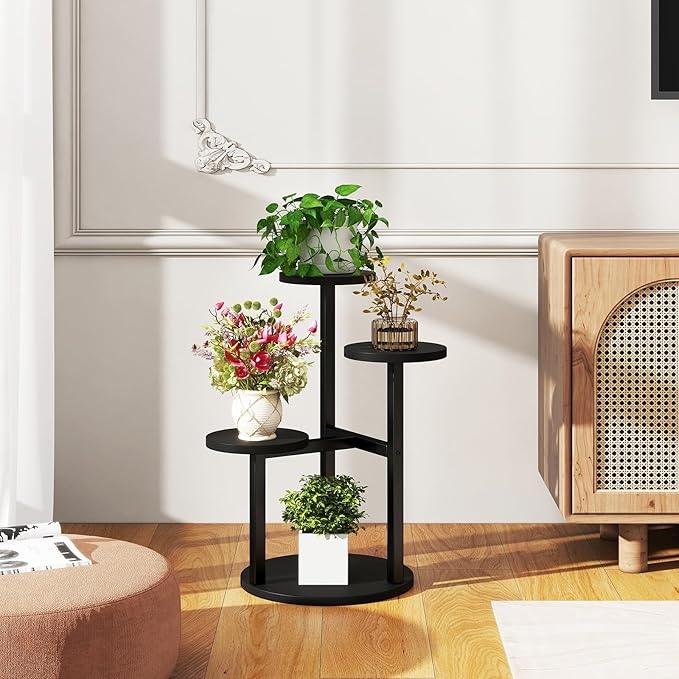 IBUYKE 4 Tier Plant Stand Indoor, Metal Wood Plant Shelf for Multiple Plants, Small Tiered Corner Flower Pot Stand for Living Room Patio Balcony Garden, Black TMJ073B