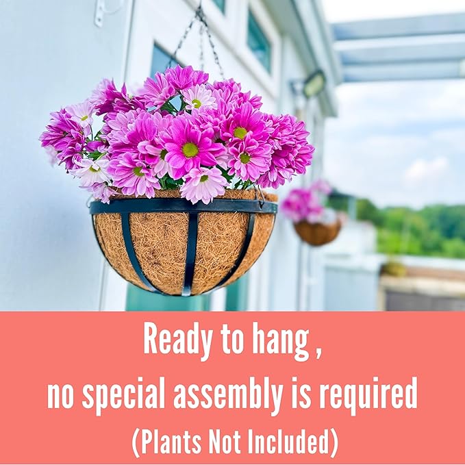 LaLaGreen Outdoor Hanging Baskets for Plants (4 Pack, 16 Inch) Black Large Hanging Planter with Coco Liner, Flat Iron Plant Pot Metal Flower Pots Deck Patio Porch Garden Balcony Outside Decoration