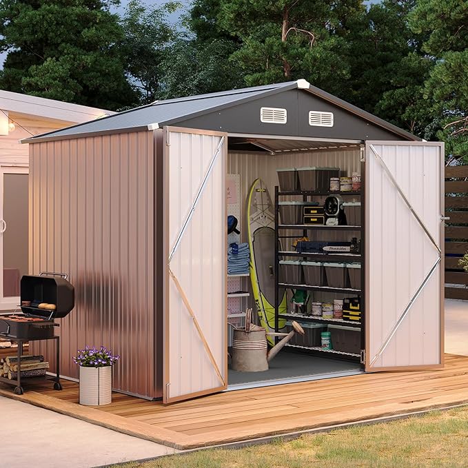 Aoxun 7.4x5.3FT Shed with Floor Galvanized Steel Outdoor Storage Shed Metal Garden Shed with Double Doors, 15mm Moisture-Proof Floor & Ventilation, Sloped Roof for Bike/Generator/Tool Storage (Brown)