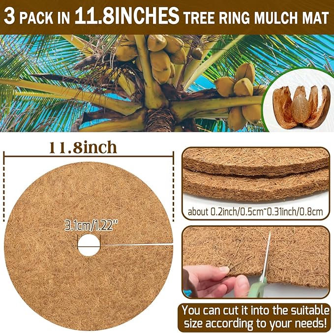 ZeeDix 3 Pack Coconut Fiber Mulch Ring, 11.8 Inch Coco Coir Tree Ring Mulch Mat, 100% Natural Tree Protector Mat Plant Cover Ring Coconut Coir Discs Tree Mats Mulch Rings for Indoor Outdoor Plants