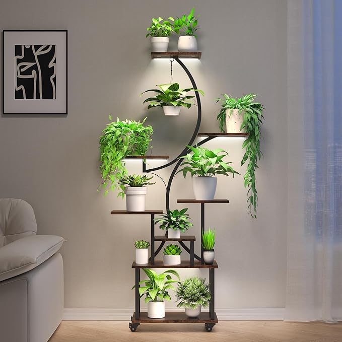 Plant Stand Indoor with Grow Lights, 64" Tall Indoor Plant Stand with Wheels, 8 Tiered Plant Shelf Indoor, Tall Plant Stands Indoor with Pulley for Living Room, Patio