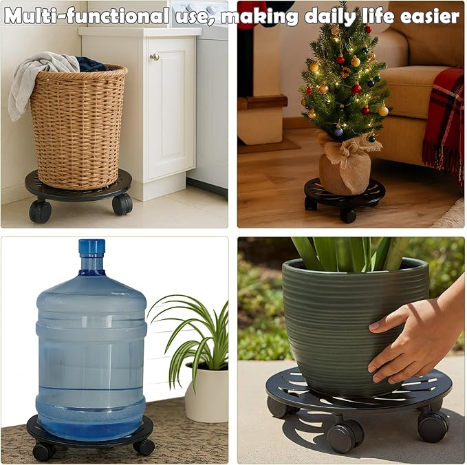 1-Pack 12 Inches Round Metal Plant Caddy with Wheels Heavy Duty Large Rolling Plant Stand Indoor Outdoor Wheeled Planter Dolly Cart with Lockable Casters Flower Pot Mover Roller Trolley, Black