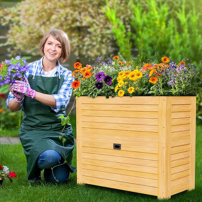 SUNYRISY 2Pack Wooden Raised Garden Bed with Storage Box, 34" L x 18" W x 30" H Elevated Large Garden Planter Box for Planting Herb Vegetable Flower Outdoor Indoor, Wood