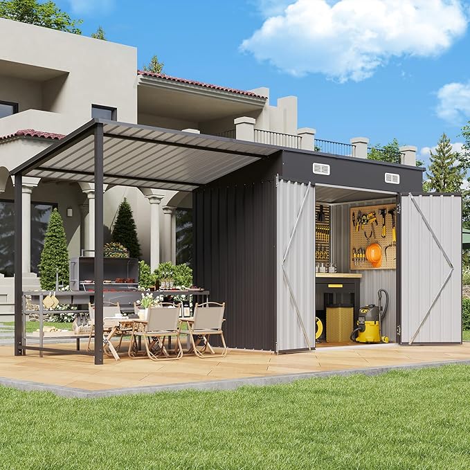 Aoxun 6x4FT Outdoor Storage Shed & Hardtop Gazebo Combo, 12x4FT Metal Lean to Shed with Open-Sided Pergola, 2-in-1 Durable Garden Tool Shed for Patio, Backyard, Deck