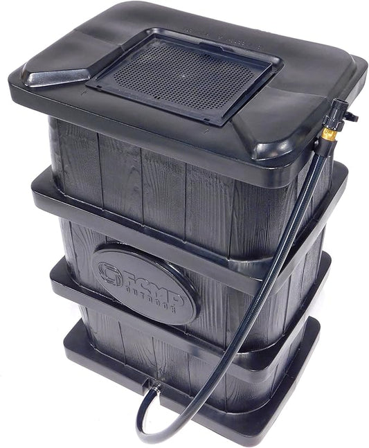 FCMP Outdoor Slim Line Design 45-Gallon Wood Grain Outdoor Home Rain Water Catcher Barrel Flat Back Container with Spigots and Mesh Screen, Black