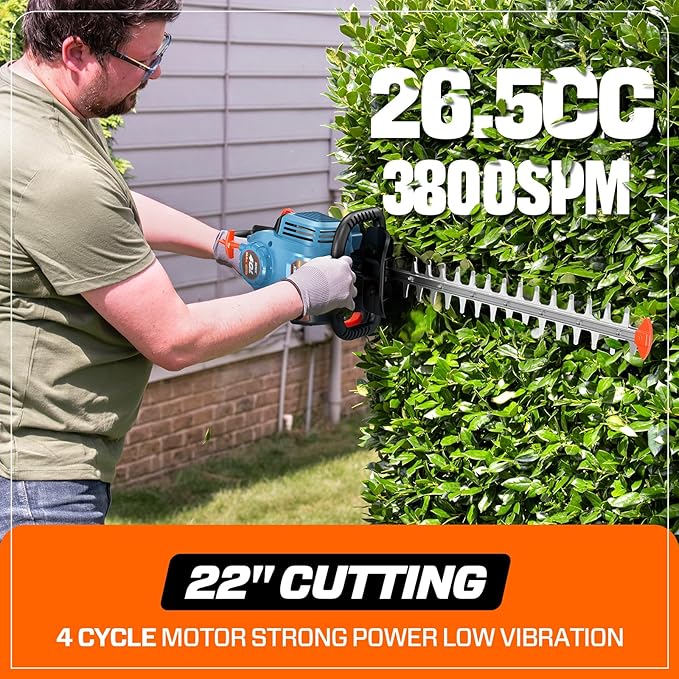 SENIX 4QL 26.5 cc 4 Cycle 22-Inch Gas Hedge Trimmer, Garden Tool to Trim Shrubs,Bushes,and More,Double Sided Dual Action Blades,1-1/8" Cutting Capacity,Includes Blade Cover and Safety Glasses(HT4QL-L)