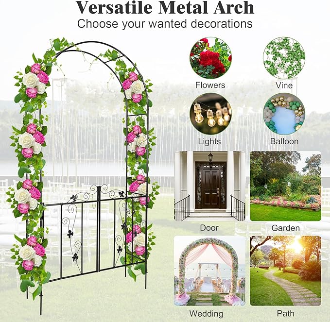 Metal Garden Arch with Gate - Garden Arbor with Gate, Garden Arbor Trellis w/Door for Climbing Plants, Rose, Vine, Wedding, Garden Trellis Arch for Outdoor, Lawn, Backyard, 7'H X 3.6'W, Black