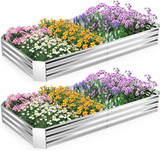 Giantex 2 Pcs Galvanized Raised Garden Bed, 8x4x1FT Large Metal Planter Box with Gloves, Outdoor Bottomless Planter Raised Bed Kit for Vegetables, Flowers, Herbs, Fruits, Silver
