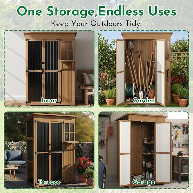 Outdoor Storage Cabinet, Large Wood & Metal Garden Shed with Foldable Table, Weather-Resistant Asphalt Roof, Lockable Doors & Adjustable Feet for Patio, Backyard, or Garage (47"L x 20"W x 70"H)