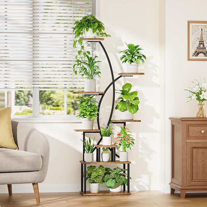 JUSTOGO Plant Stand Indoor with Grow Light, 8 Tiered Tall Plant Shelf for Indoor Plants Multiple, 65" Large Corner Plant Stands, Metal Curved Flower Holder Display Rack for Living Room, Patio, Balcony