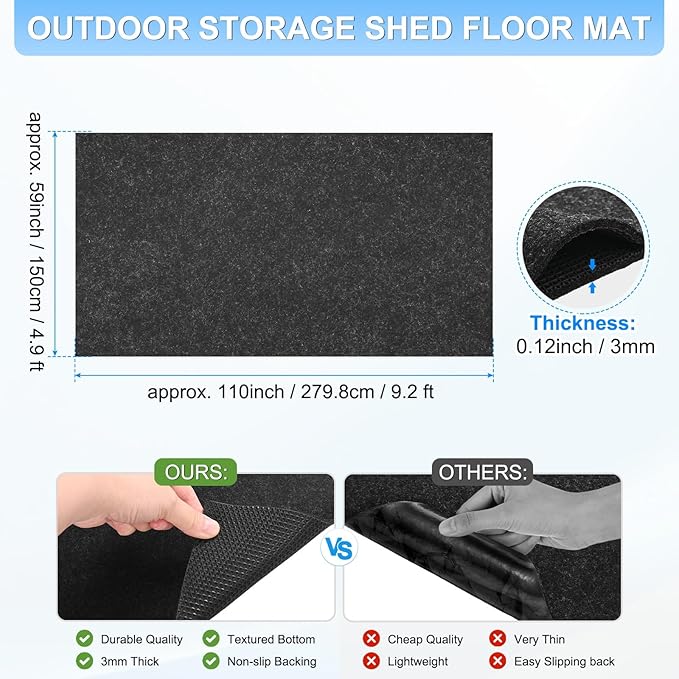 3 mm Thickened Outdoor Storage Shed Mat, 4.9x9.2 ft Waterproof Shed Flooring Mat for Patio Furniture Floor Protecting from Wear/Liquid/Dust/Oil, Non-Slip Felt Rubber Rug Pad [Grey]