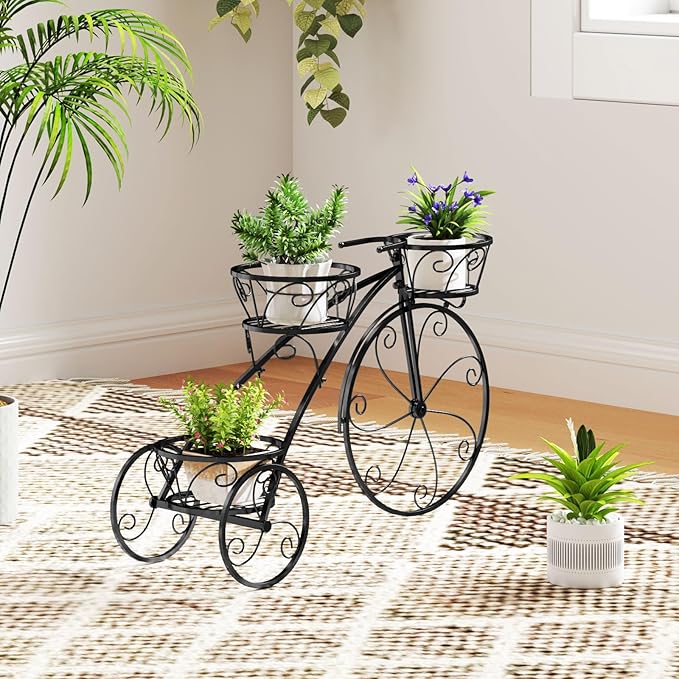 Tricycle Plant Stand, 3-Tier Metal Plant Stand Bicycle Flower Pot Cart with Hollowed Baskets, Planter Potted Holder for Patio, Garden, Deck, Lawn (Black)