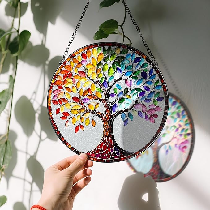 8'' Tree of Life Sun Catcher Ornament, Stained Glass Window Hanging, Suncatchers for Windows Hanging Ornaments, Window Decor | Housewarming Gift, Gifts for Mom & Grandma