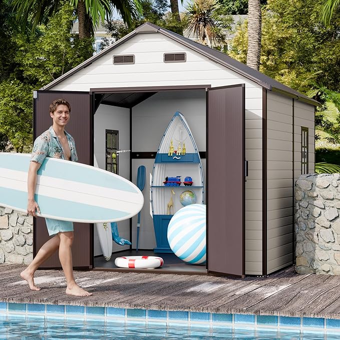 8x8 FT Outdoor Storage Shed, Waterproof Resin Shed with Floor Included & Lockable Door & Window & Vents, Outside Plastic Sheds for Backyard, Patio, Poolside, Lawn, Dove Grey