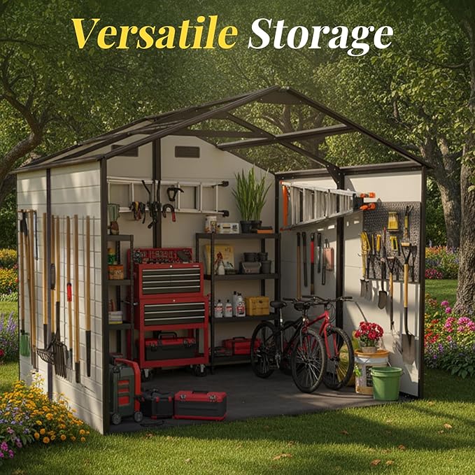 8x8 FT Resin Storage Sheds Outdoor with Floor Included, Plastic Sheds & Outdoor Storage Clearance with 2 Windows and Lockable Door, Backyard Storage Sheds for Garden Tools, Bike, Brown+White