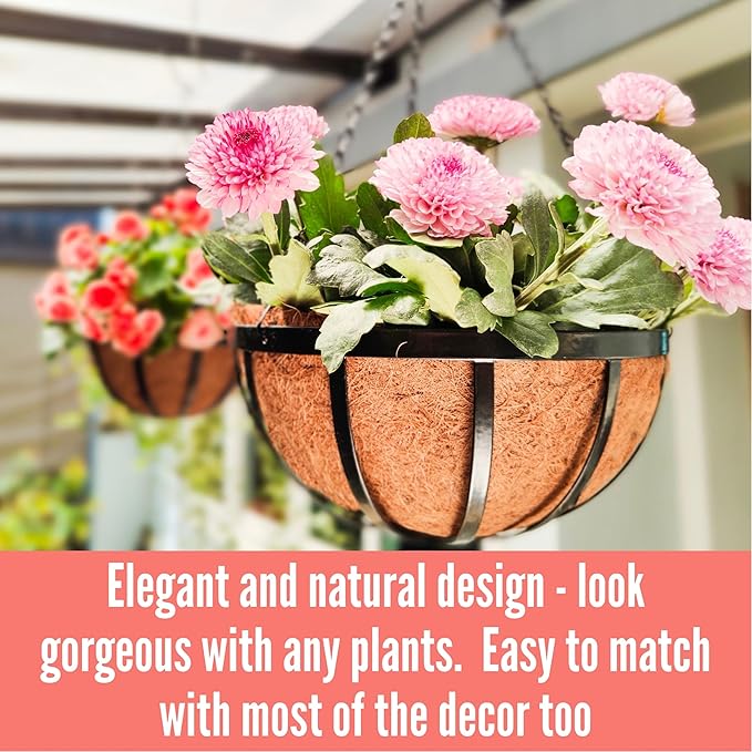 LaLaGreen Outdoor Hanging Baskets for Plants (6 Pack, 16 Inch) Large Hanging Planter with Coco Liner, Black Plant Metal Flat Iron Round Flower Pots Deck Patio Modern Garden Balcony Outside Decoration