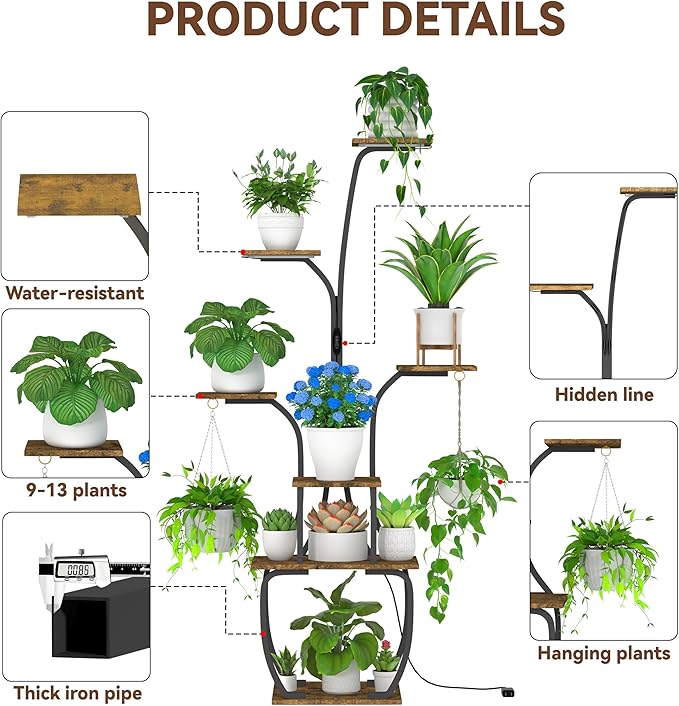 Plant Stand Indoor with Grow lights, 55" Tall 7 Tiered Large Plant Shelf for Indoor Plant Vase-Shape Rack Plant Pot Holder Gardening for Living Room Corner Black