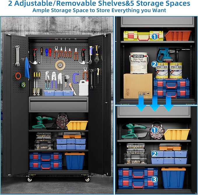 71" H*15" D*30" W Garage Storage Cabinet with Wheels and Doors,Lockable Metal Storage Cabinet with Pegboard Hooks and Drawer for Garage Warehouse Home,Required Assembly,Black